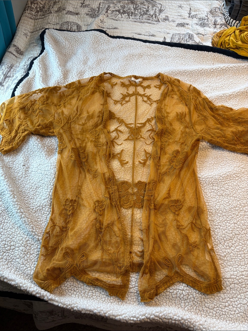 Sheer Embroidered Kimono Cardigan - Mustard